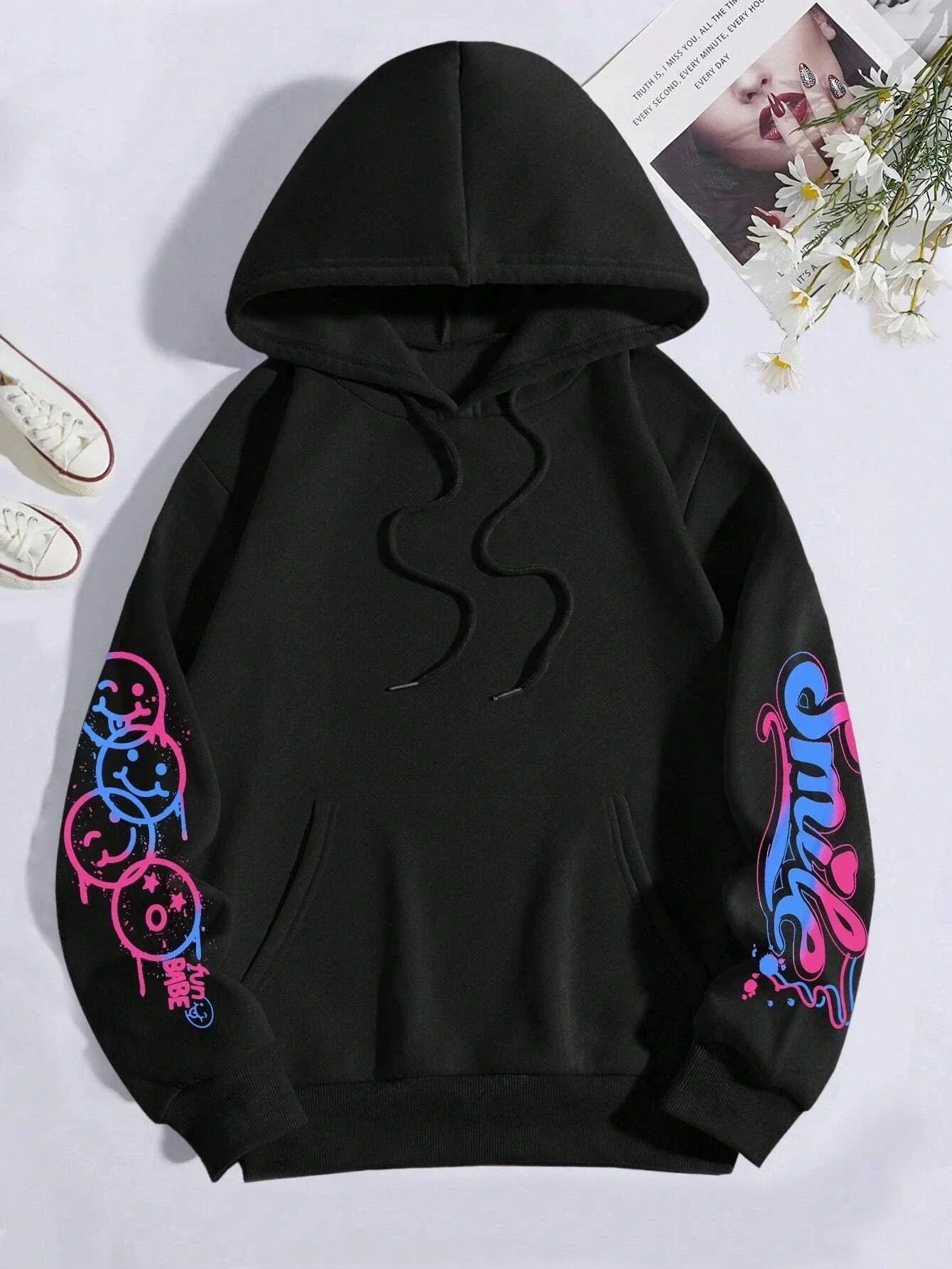 Black hoodie happy day graffiti print with vibrant pink and blue graphic sleeves for hoodie street hip fashion crewneck