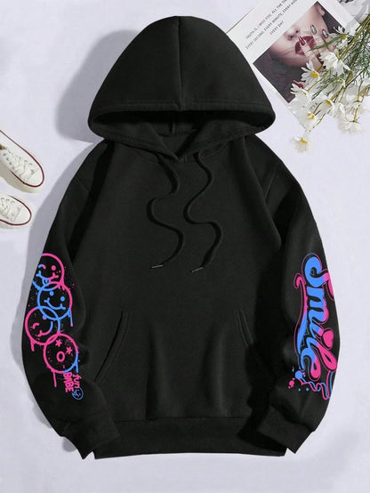 Black hoodie happy day graffiti print with vibrant pink and blue graphic sleeves for hoodie street hip fashion crewneck