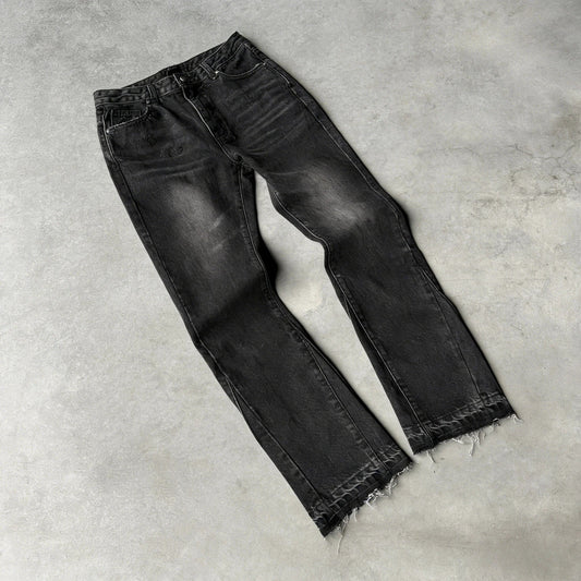 Black denim pants y2k retro with faded wash frayed hems gothic tassel casual high street straight slim jeans