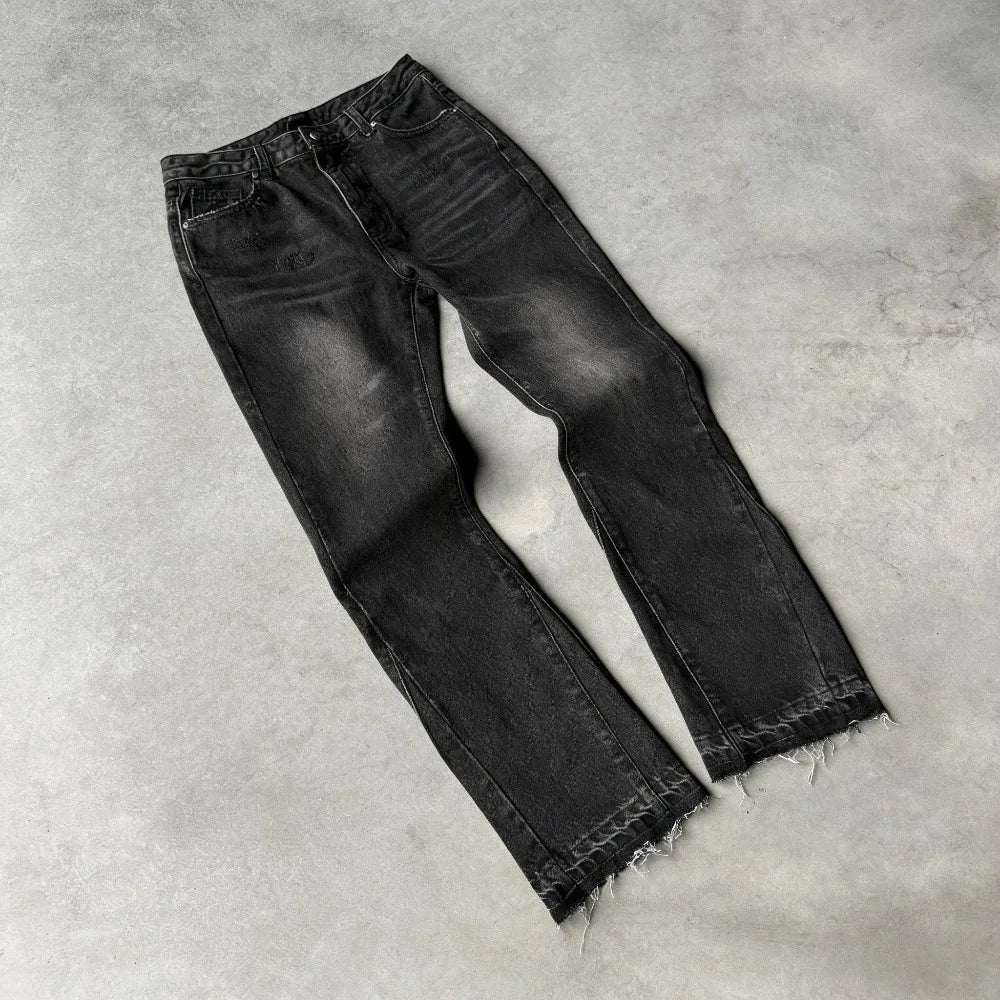Black distressed denim pants y2k retro with frayed hems and high street straight gothic tassel casual style