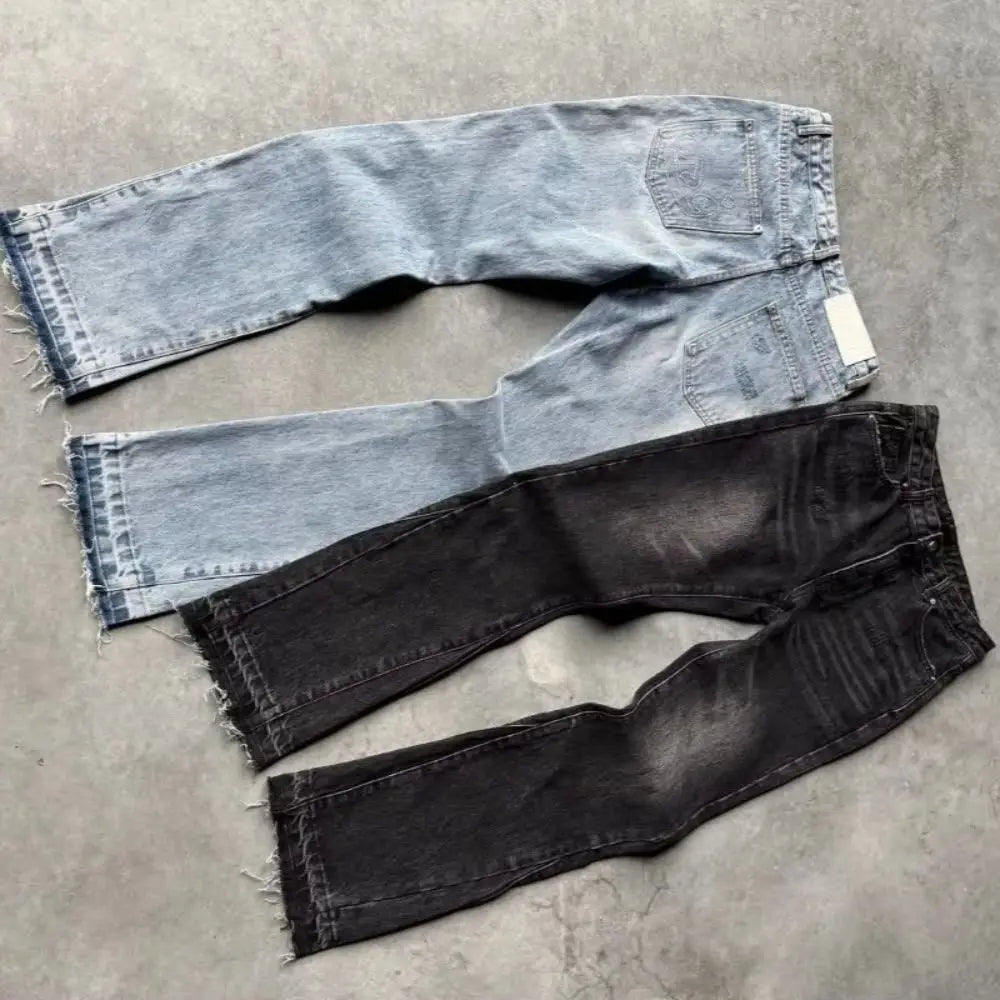 Two pairs of pants y2k retro high street straight denim jeans with light frayed hems and dark gothic tassel casual wash