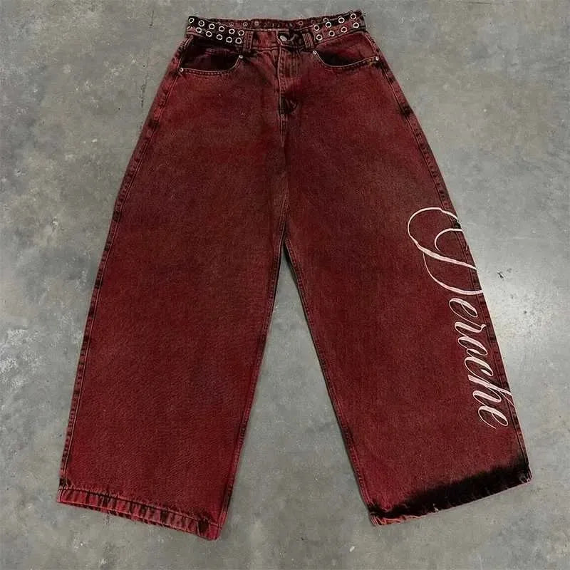 Dark red denim wide leg jeans with silver eyelets and white lettering featuring belt jeans y2k street casual style