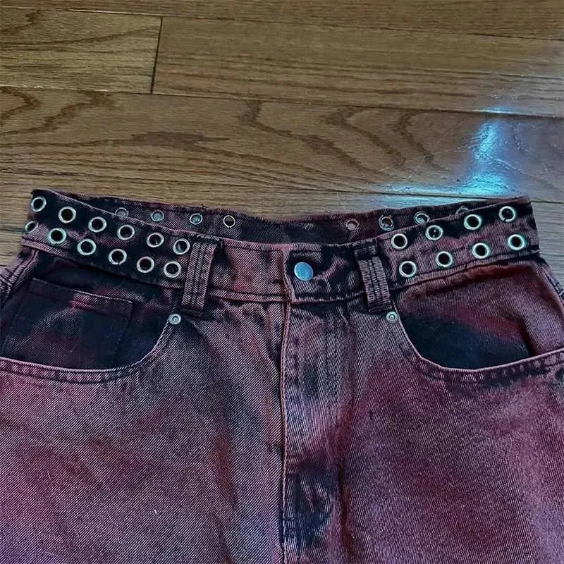 Dark purple tie-dye denim shorts with studded belt detail perfect for y2k street casual and belt jeans y2k fashion