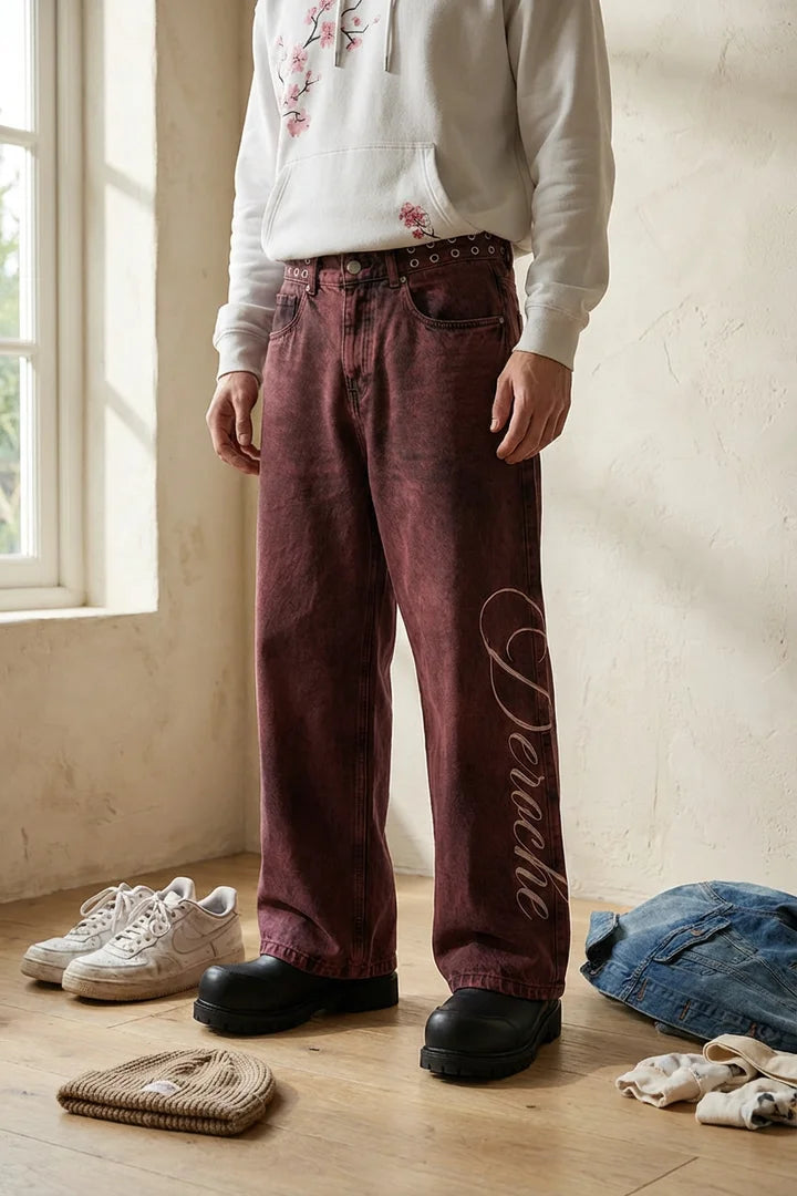Maroon denim belt jeans y2k with faded wash and deeche logo embroidered on left leg for y2k street casual style