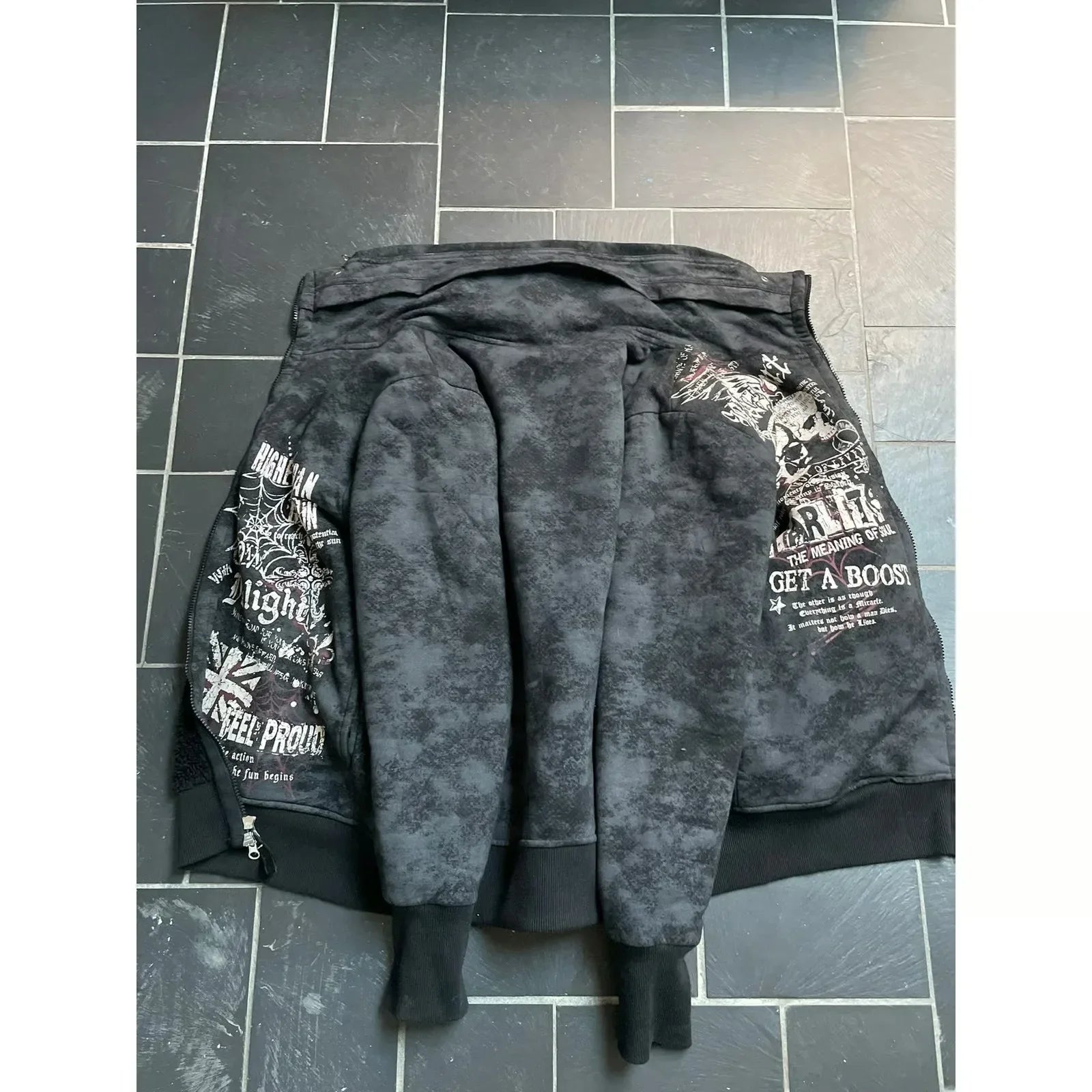 Harajuku hip hop black bomber jacket with dark gray camouflage and white graphic hoodie skull letter prints on sleeves