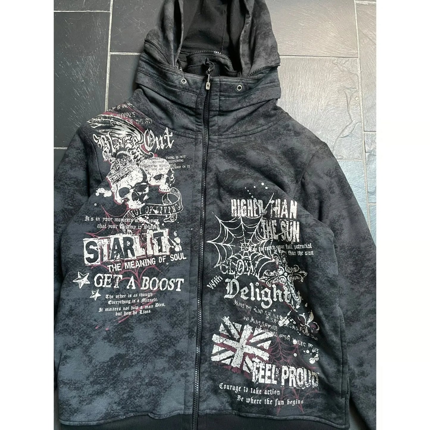 Black harajuku hip hop fur collar zip hoodie with distressed texture skull letter prints and union jack flag design