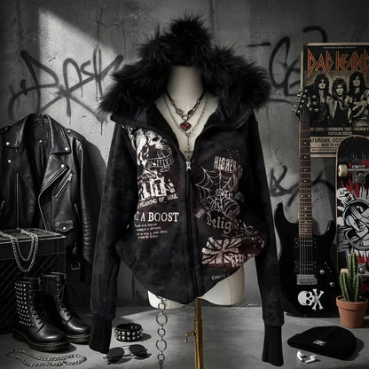 Black harajuku hip hop hoodie with fur collar zip and skull letter graphic print for casual gothic streetwear