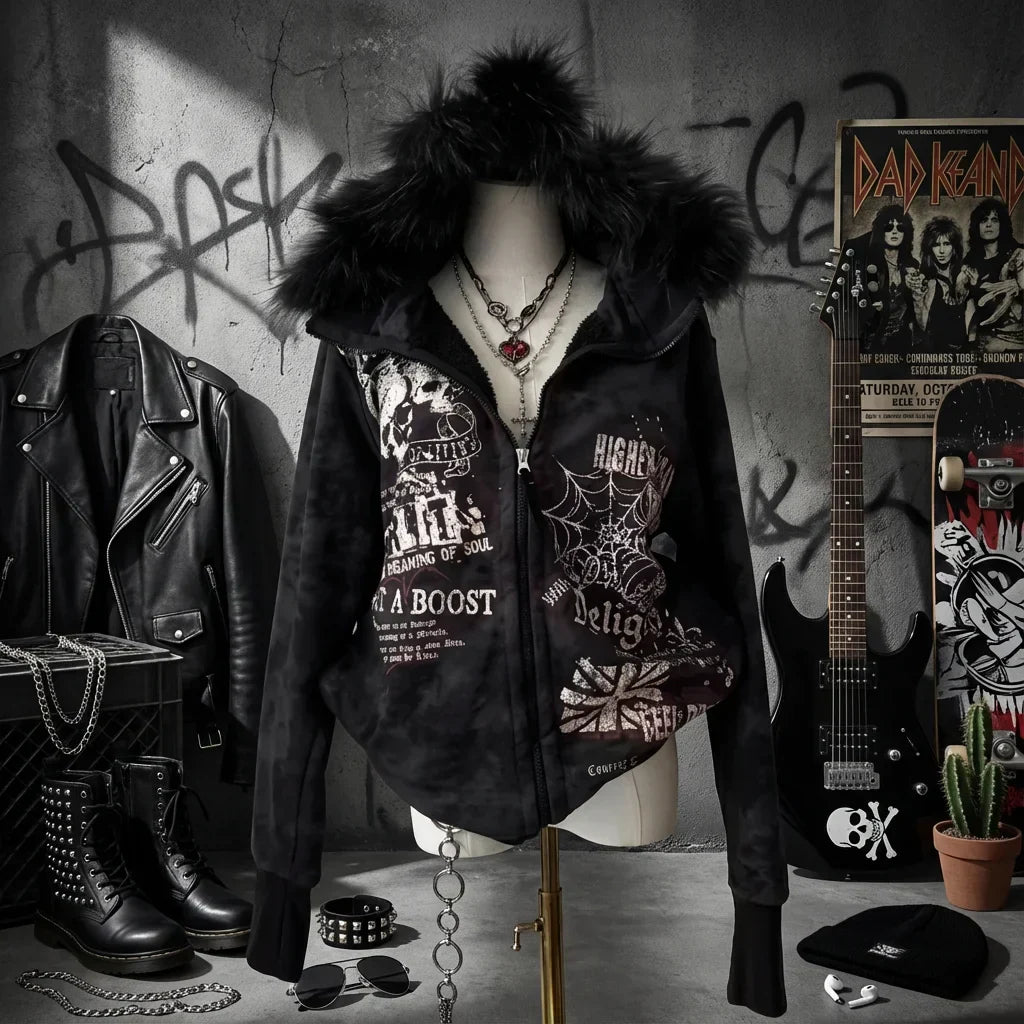 Black fur collar zip hoodie with skull letter graphic prints in harajuku hip hop style for men and women