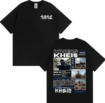 Black short-sleeved cotton t-shirt with white rapper kheis graphic print for xrlafamilia album tour 2025-26