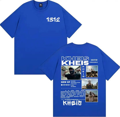 Blue cotton t-shirt with white text and artist photos on the back featuring rapper kheis xrlafamilia album tour design