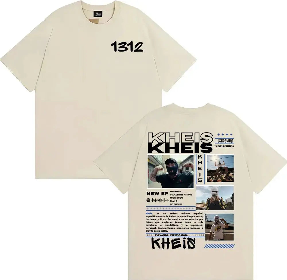 Cream-colored short-sleeve t-shirt with bold black kheis graphic and photos on back for xrlafamilia album tour