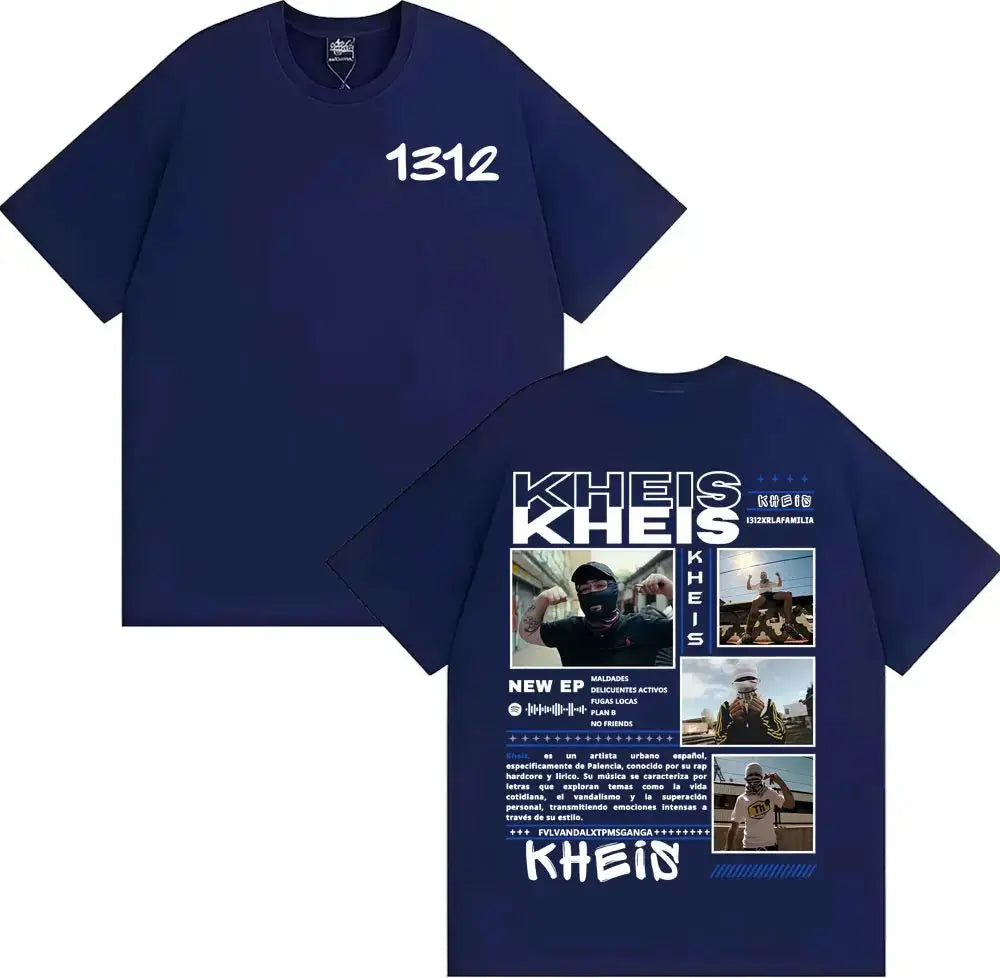 Navy blue cotton t-shirt with white graphic print featuring rapper Kheis and xrlafamilia album tour images