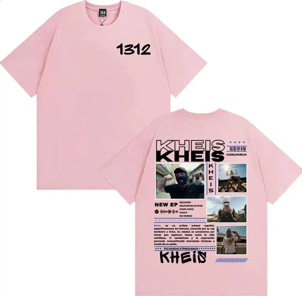 Pink short-sleeved t-shirt with black graphic print featuring rapper kheis name and xrlafamilia album tour collage