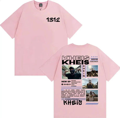 Pink short-sleeved t-shirt with black graphic print featuring rapper kheis name and xrlafamilia album tour collage