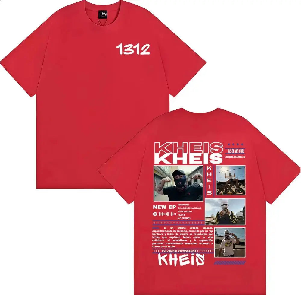 Red cotton t-shirt with white graphic print featuring rapper kheis and promoting xrlafamilia album tour ep