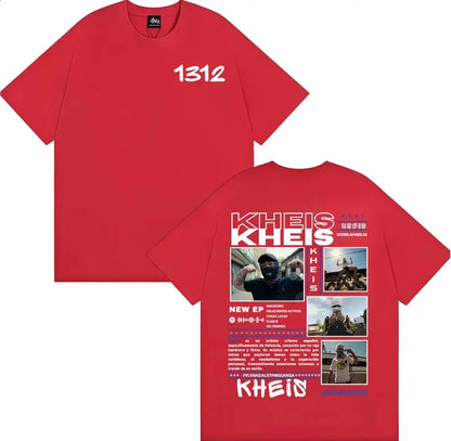 Red cotton t-shirt with white graphic print featuring rapper kheis and promoting xrlafamilia album tour ep