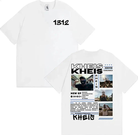 White cotton t-shirt with black graphic print featuring rapper kheis name and xrlafamilia album tour promotion