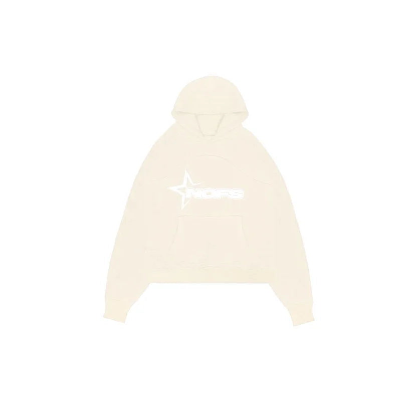 Cream-colored harajuku hoodies men with white star and text logo hooded sweatshirt punk rock oversized pullovers design