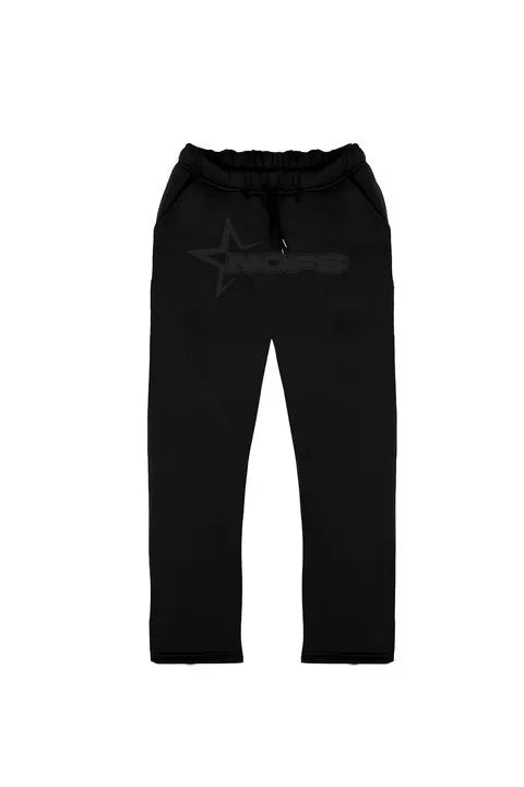 Black sweatpants with subtle star and text logo front paired with harajuku hoodies men hooded sweatshirt punk rock oversized pullovers