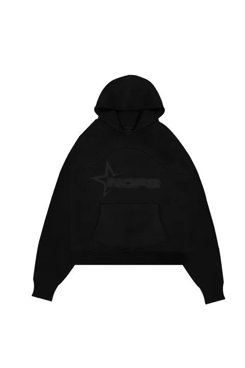 Black oversized hooded sweatshirt punk with subtle star and nofs logo in dark gray from harajuku hoodies men collection