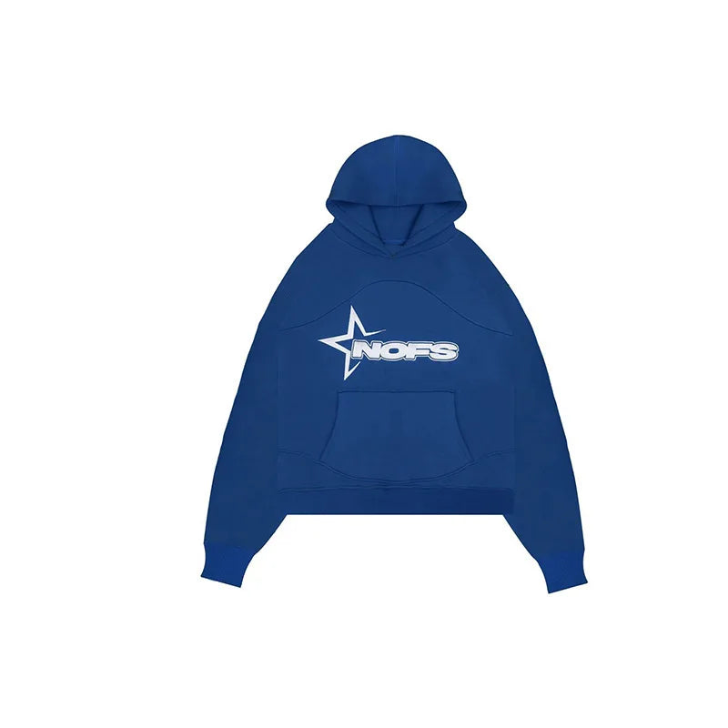 A navy blue harajuku hoodies men hooded sweatshirt punk with white star logo and nofs text on the chest