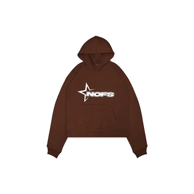 Brown nofs hoodie with white star logo and lettering on chest in harajuku hoodies men hooded sweatshirt punk style