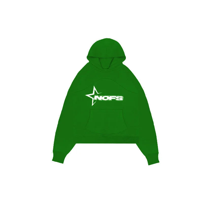 Green hooded sweatshirt with white nofs logo and star graphic chest for harajuku hoodies men punk rock oversized pullovers