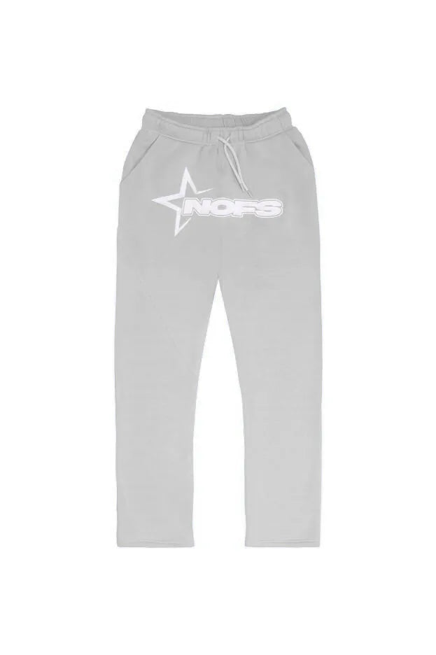 Light gray sweatpants with white star and nos logo paired with harajuku hoodies men hooded sweatshirt punk rock oversized pullovers