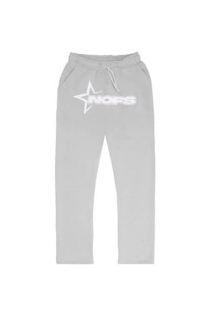 Light gray sweatpants with white star and nos logo paired with harajuku hoodies men hooded sweatshirt punk rock oversized pullovers