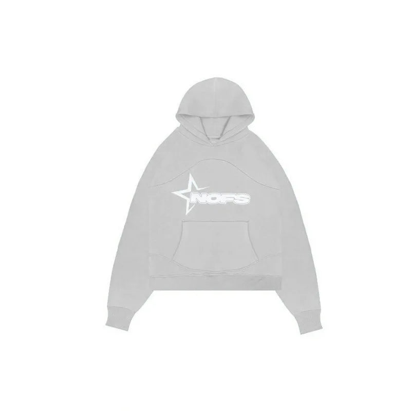 A light gray nors hoodie harajuku hoodies men with a white star logo and bold outlined lettering on the chest hooded sweatshirt punk rock oversized pullovers