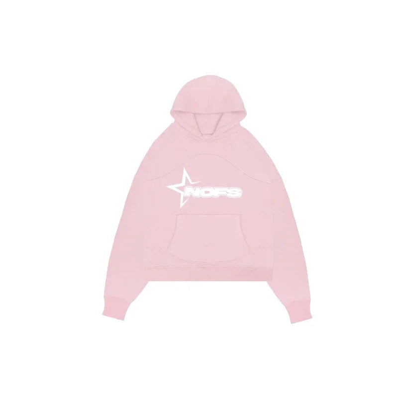 A soft pink harajuku hoodies men hooded sweatshirt punk featuring a white star logo and bold nops lettering