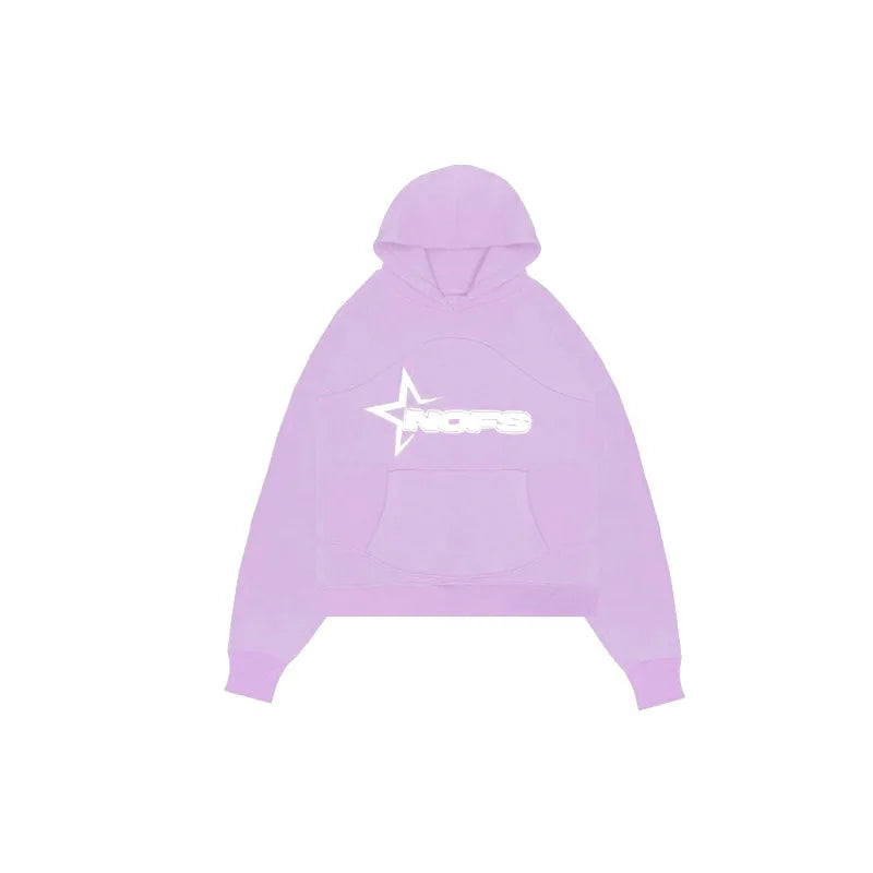 A soft lavender harajuku hoodie men hooded sweatshirt punk with a white star logo and nops text on the chest
