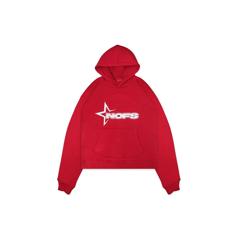 Red nofs harajuku hoodies men with white star logo chest print hooded sweatshirt punk rock oversized pullovers