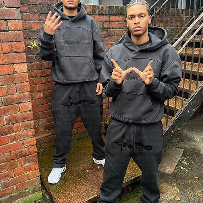 Black nors harajuku hoodies men set with star logo embroidery hooded sweatshirt punk rock oversized pullovers and sweatpants