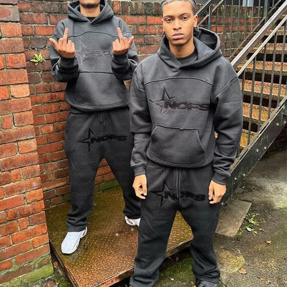 Black nors hoodie and matching sweatpants set with star logo embroidery featuring harajuku hoodies men style and rock oversized pullovers