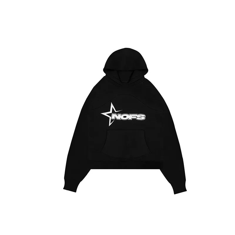 Black harajuku hoodies men featuring a white star logo on chest hooded sweatshirt punk rock oversized pullovers design