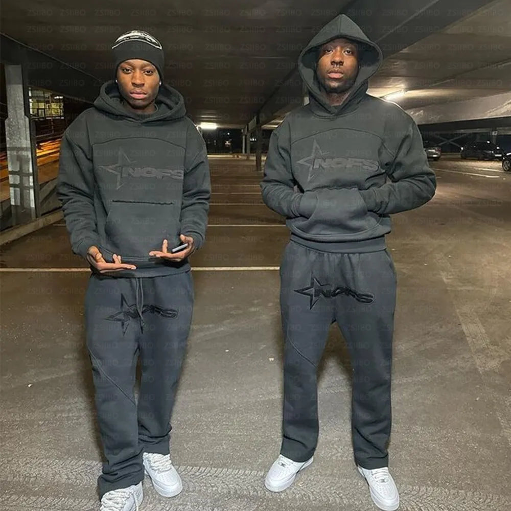 Dark gray hooded sweatshirt punk with black star and nops logo paired with matching pants harajuku hoodies men set