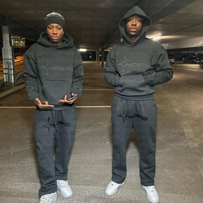 Dark gray hooded sweatshirt punk with black star and nops logo paired with matching pants harajuku hoodies men set