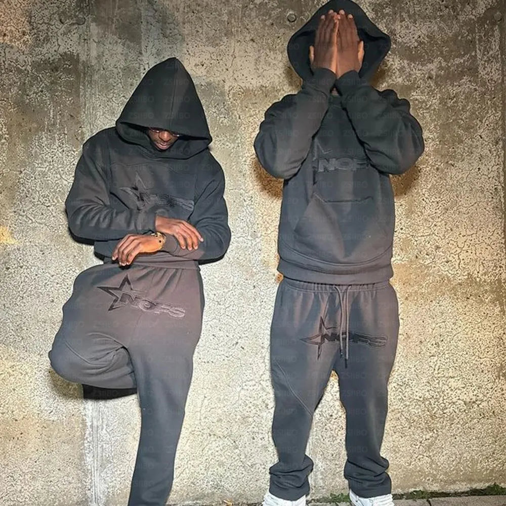 Dark gray harajuku hoodies men set with star and nor logo featuring hooded sweatshirt punk rock oversized pullovers design