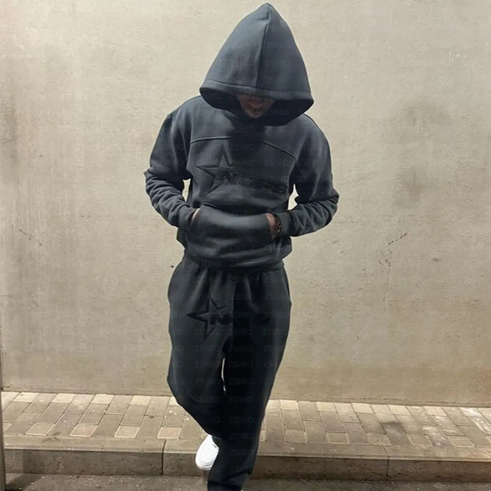 Dark gray harajuku hoodies men set with star logo hooded sweatshirt punk rock oversized pullovers and matching joggers