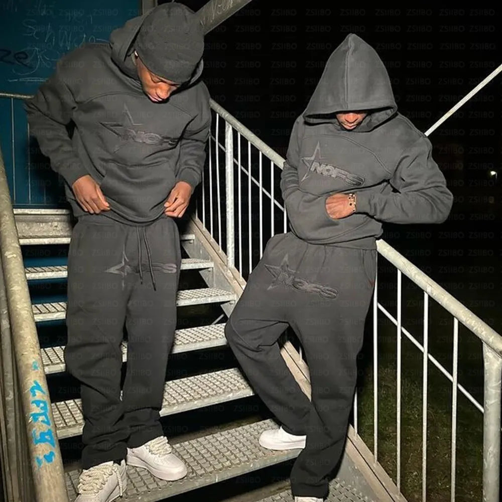 Gray harajuku hoodies men set with star logo hooded sweatshirt punk rock oversized pullovers and matching joggers
