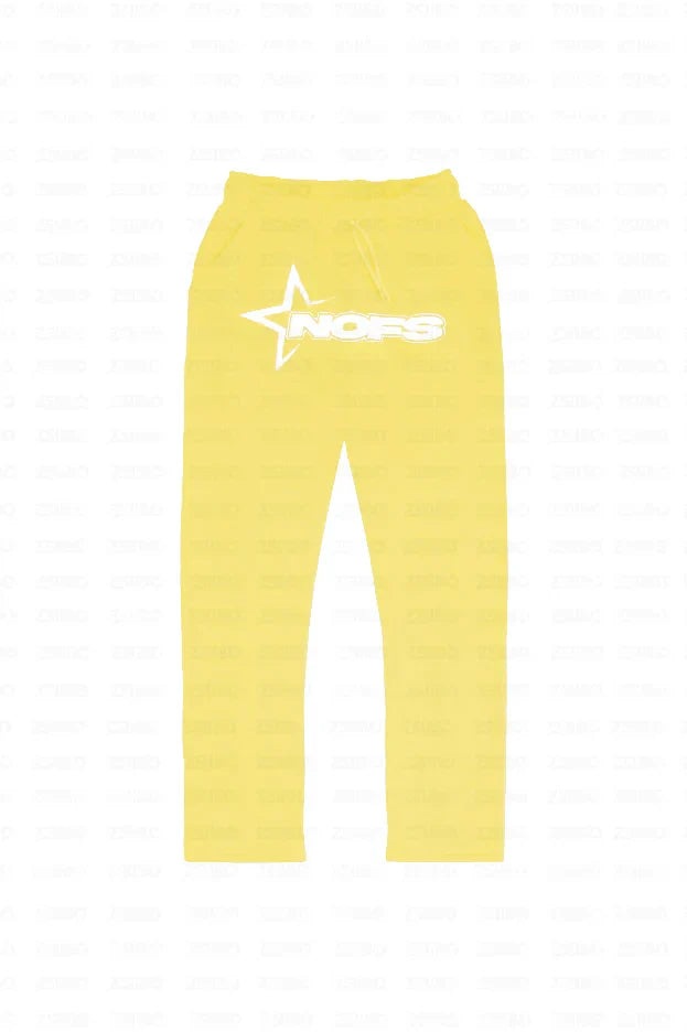 Yellow sweatpants with white nors logo and star graphic on left thigh for harajuku hoodies men rock oversized pullovers suits