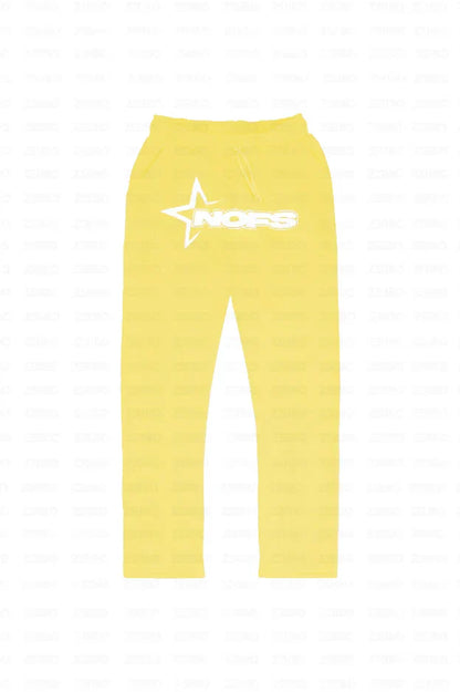 Yellow sweatpants with white nors logo and star graphic on left thigh for harajuku hoodies men rock oversized pullovers suits