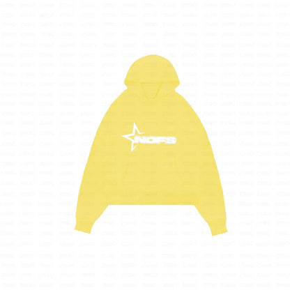 A bright yellow harajuku hoodies men hooded sweatshirt punk with white star logo and nors text on chest