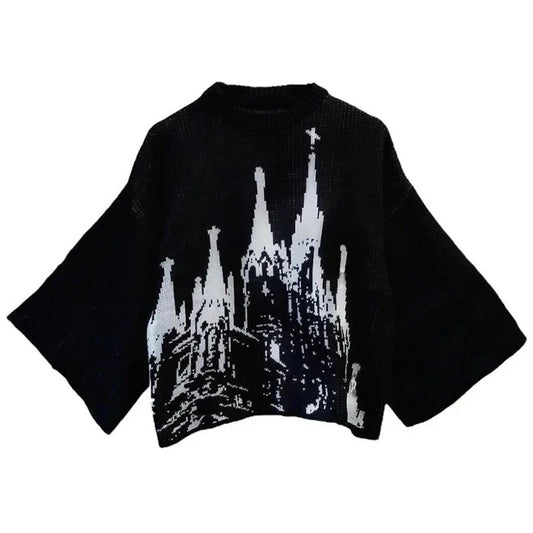 Black knit harajuku loose sweater with bold white pixelated cathedral graphic for women y2k clothing street wear gothic style