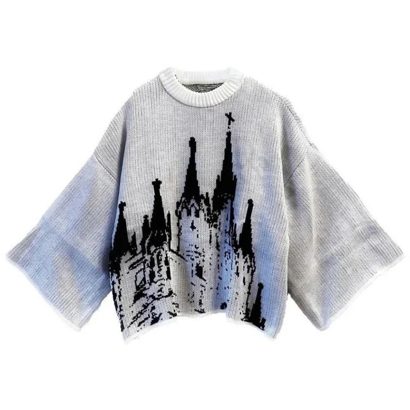 A gray knit harajuku loose sweater with black and blue castle design and wide sleeves in street wear gothic style