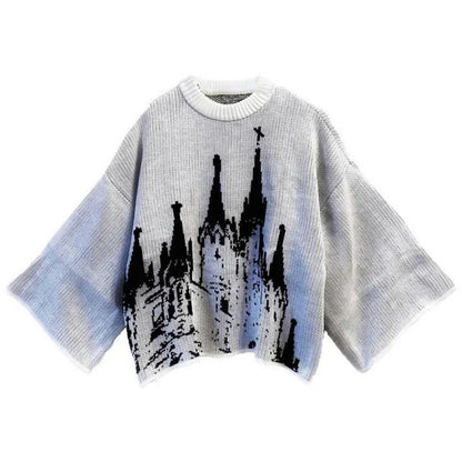 A gray knit harajuku loose sweater with black and blue castle design and wide sleeves in street wear gothic style