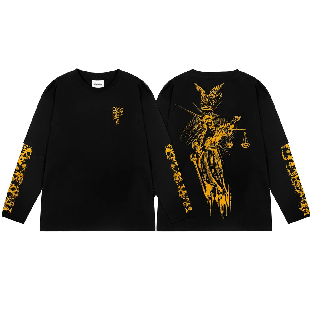 Black long sleeve harajuku streetwear t shirt with gold lady justice graphic and skulls on sleeves for hip hop fashion