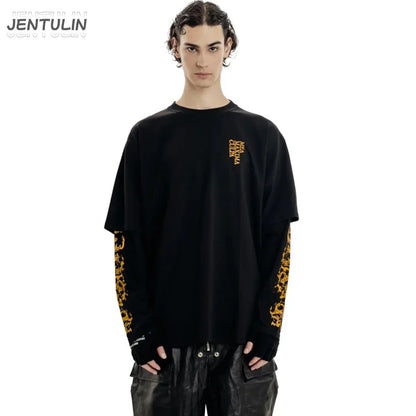 Black jentulin long sleeve harajuku oversize streetwear tshirt with gold dragon embroidery and tshirt justice graphic hip hop korean style