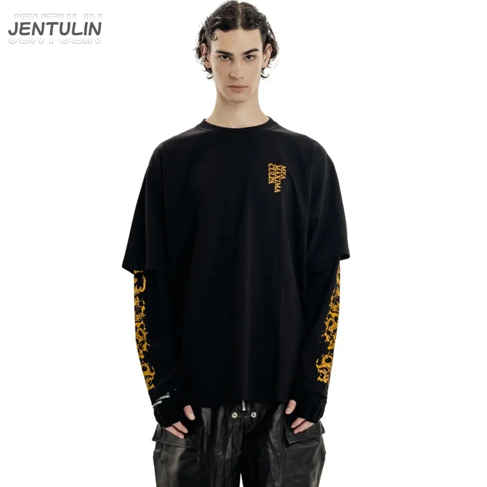 Black jentulin long-sleeve t-shirt with gold dragon embroidery and small golden text logo harajuku streetwear style